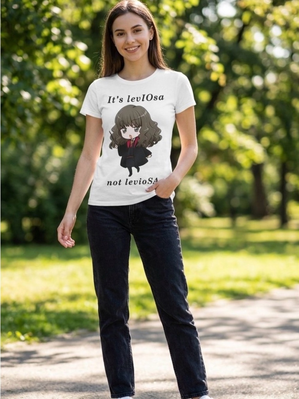 Harry Potter Chibi Hermione Granger "It's Leviosa" Graphic Tee White sz S EUC